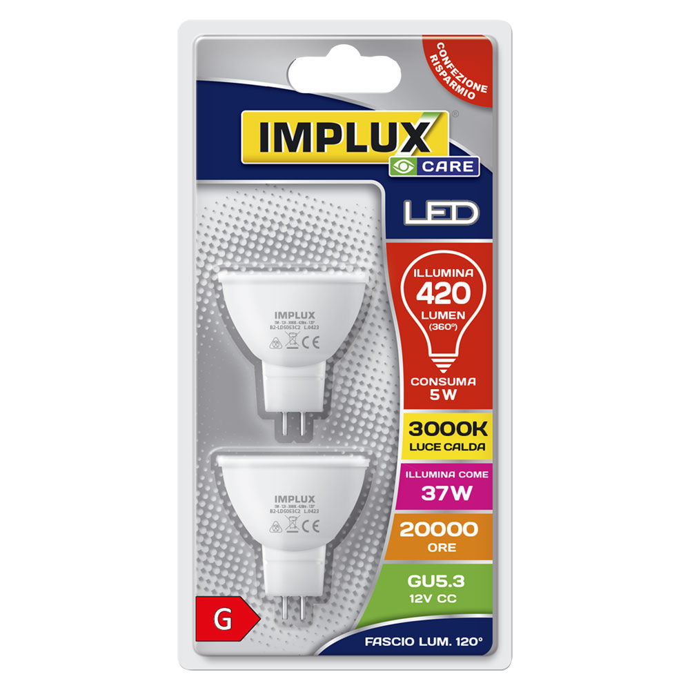 2 spot led 5w - gu5,3 (12v) - 420 lm - 3000k -cl.g - angolo 120 gradi