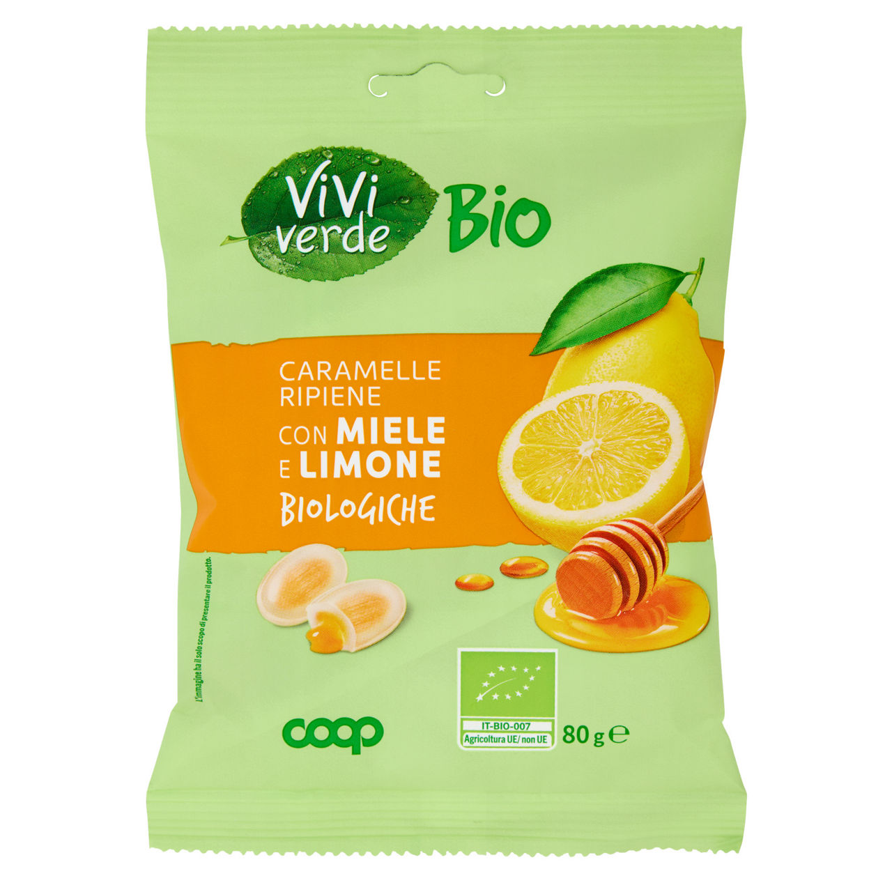 Caramelle dure ripiene bio vivi verde coop con limone, miele  busta g 80