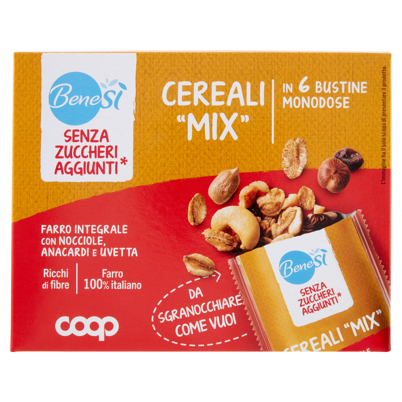 Cereali mix farro integrale, nocciole, anacardi e uvetta coop benesì pz 6 g 180 - Immagine 01