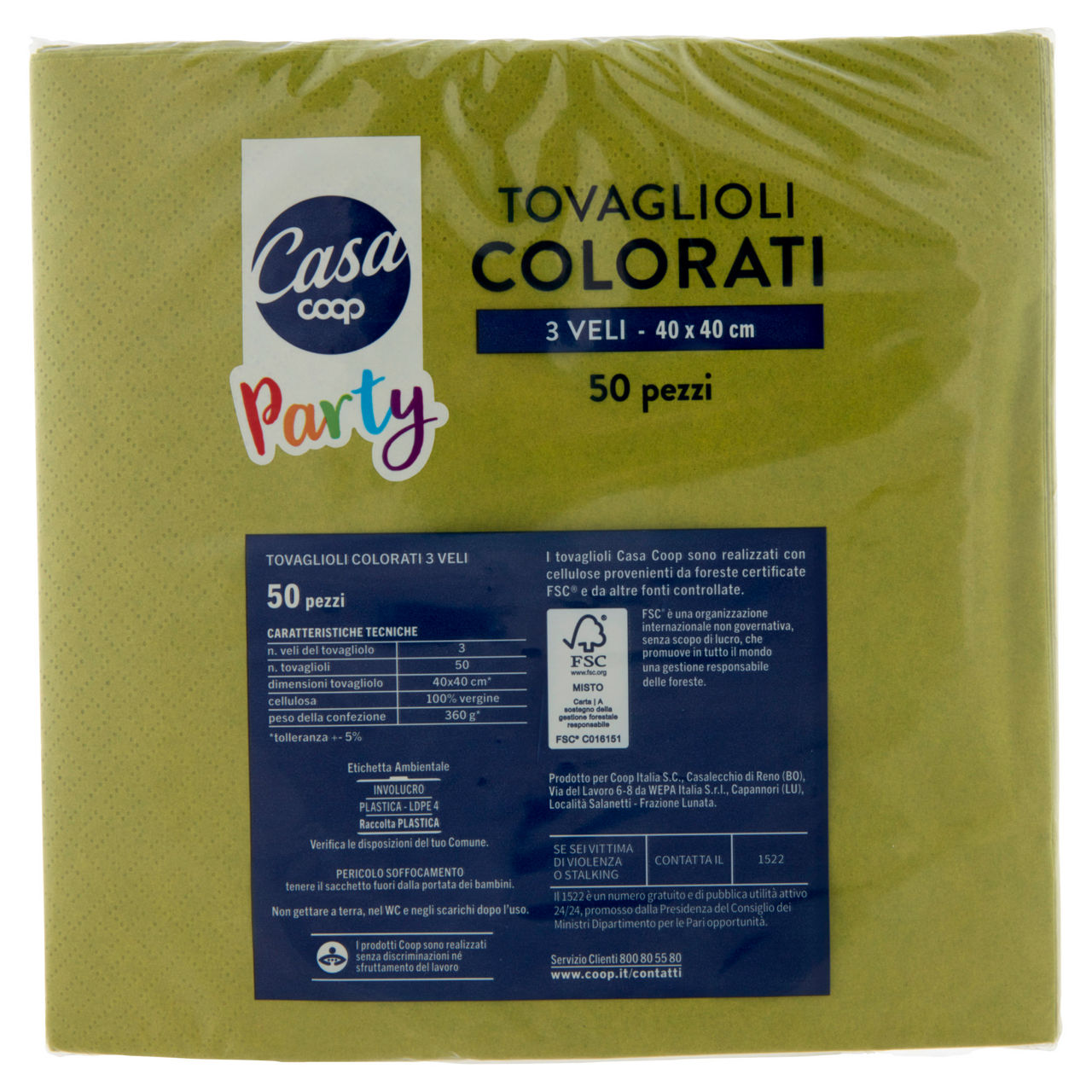 Tovaglioli colorati coop casa 3v 40x40 verdi fsc pz.50 - Immagine 41