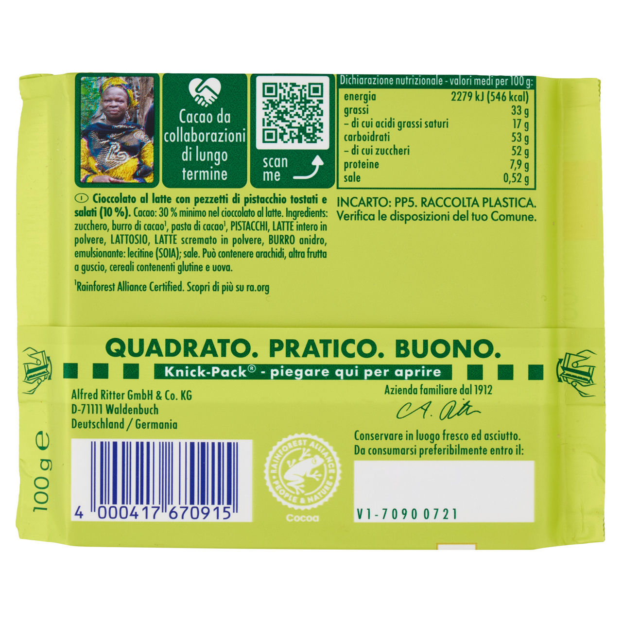 Tavoletta di cioccolato al latte con pistacchi tostati e salati 100 gr - Immagine 31
