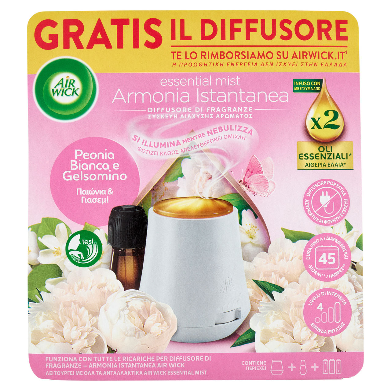 Diffusore di fragranze con oli essenziali base e ricarica peonia e gelsomino 18 ml