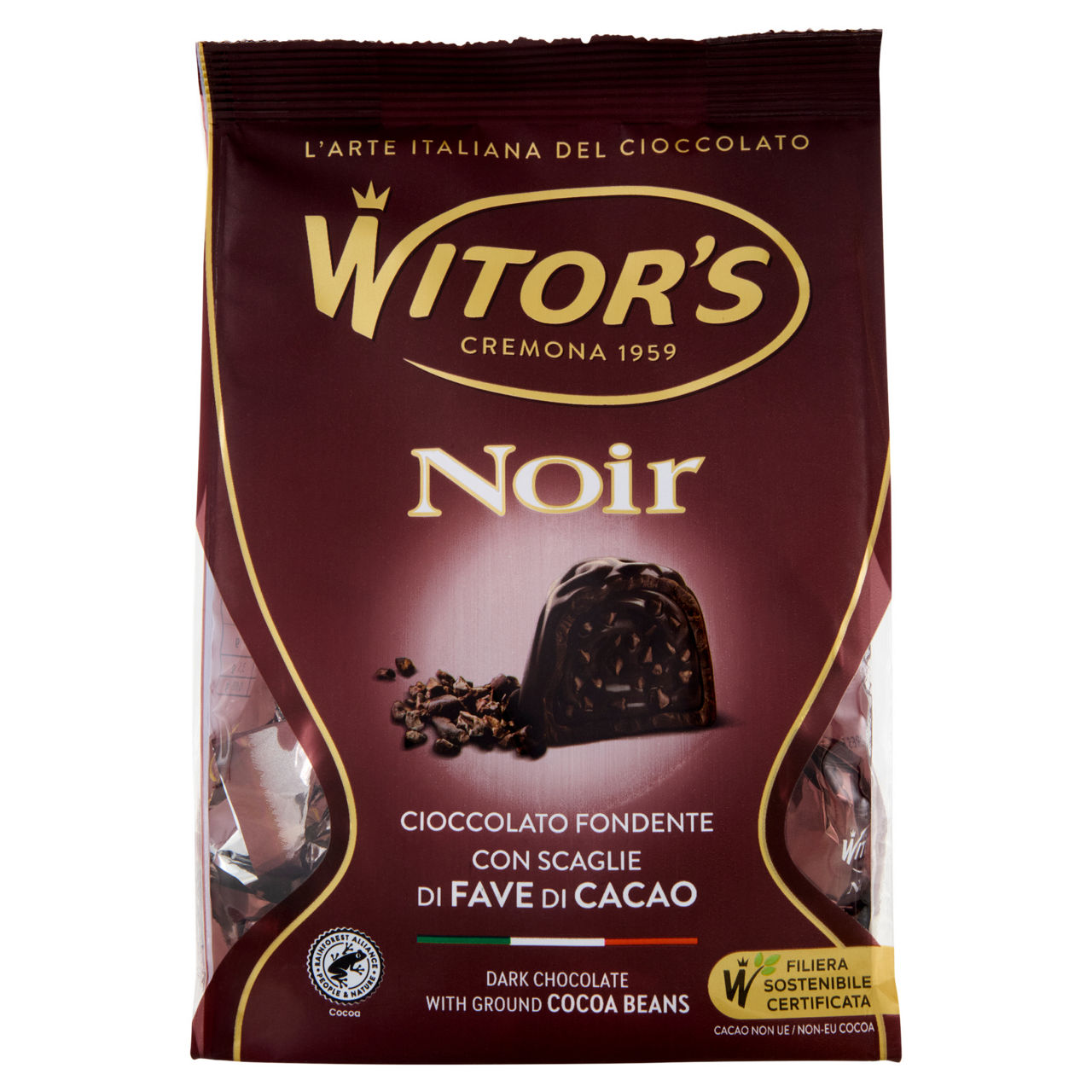 Cioccolatini extra fondenti con cremoso ripieno al cacao e granella di cacao caramellato 200 gr