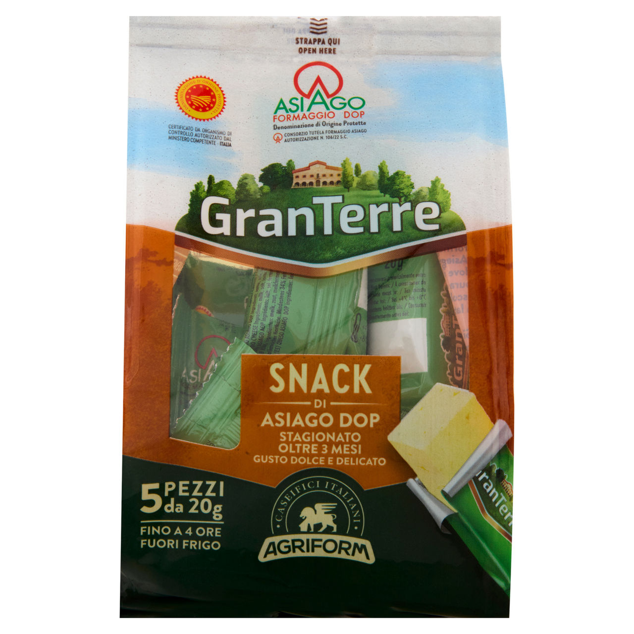 Snack Formaggio Asiago DOP stagionato oltre 3 mesi 5 pz 100 gr - Immagine 01