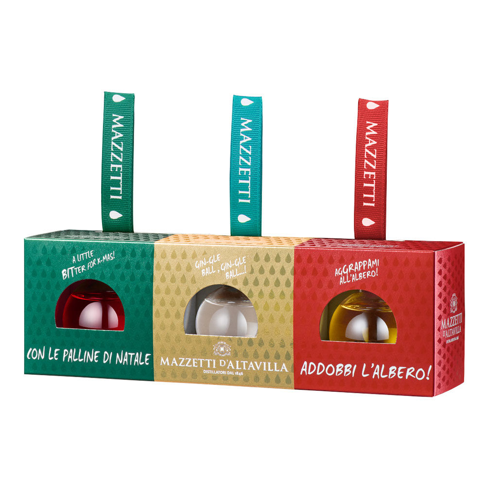 Confezione 3 palline assortite - grappa inv.40' - bitter 25' - gin 42' - 30 cl
