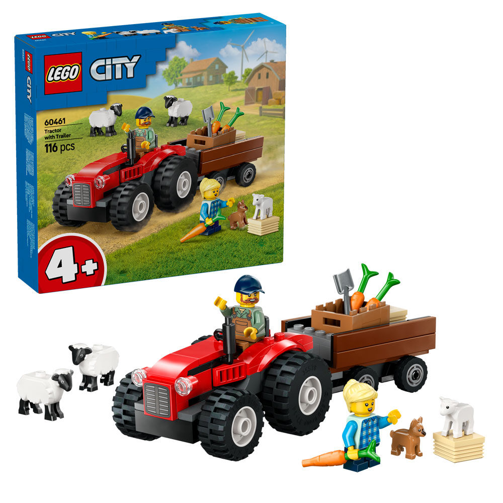 Trattore agricolo rosso con rimorchio e pecore City 60461