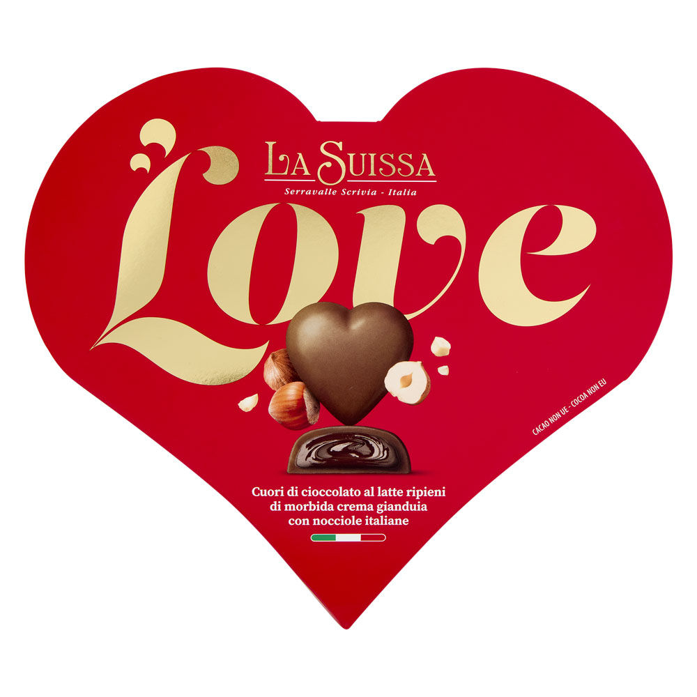 Cuori di cioccolato al latte ripieni di gianduia in confezione a cuore 100 gr