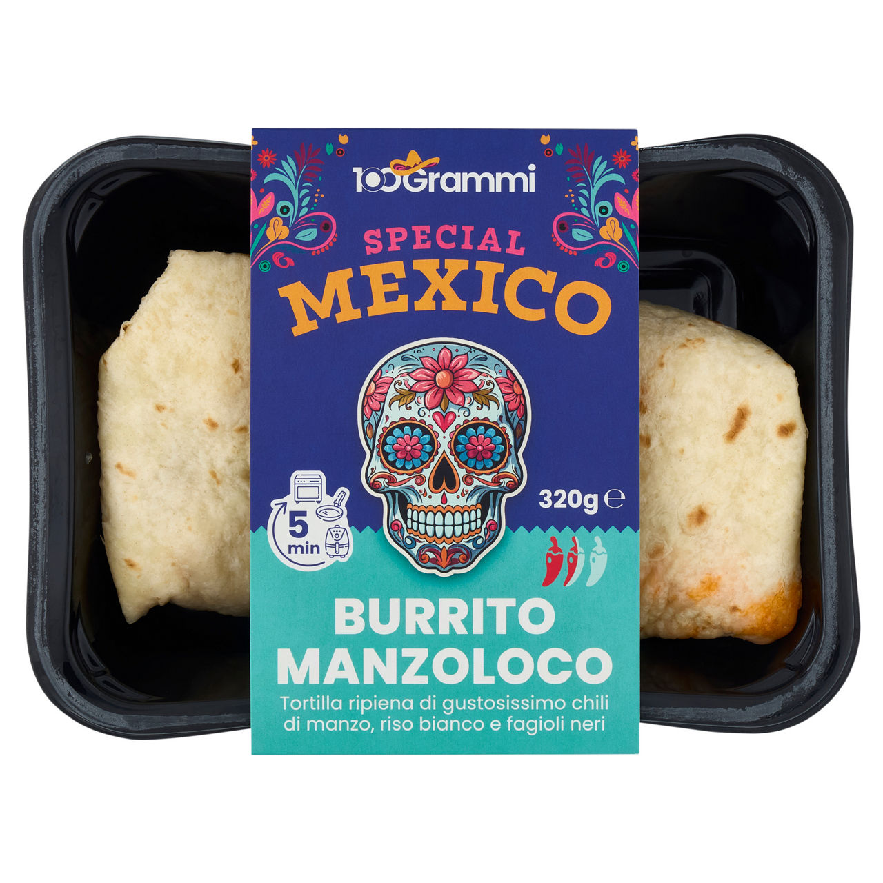 Burrito ripieno di manzo riso e fagioli neri 320 gr