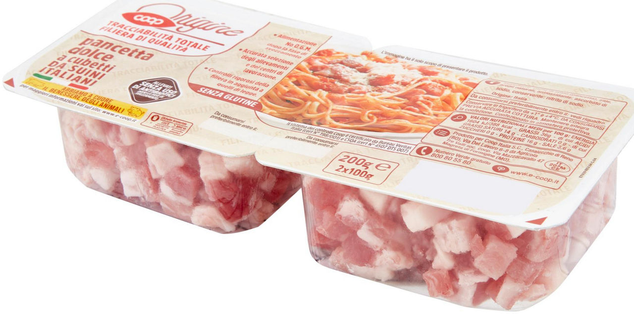 PANCETTA DOLCE CUBETTI SUINI ALL.S/ANTIB. DOPO SVEZZ ORIGINE COOP PZ2 VH G 200 - 12