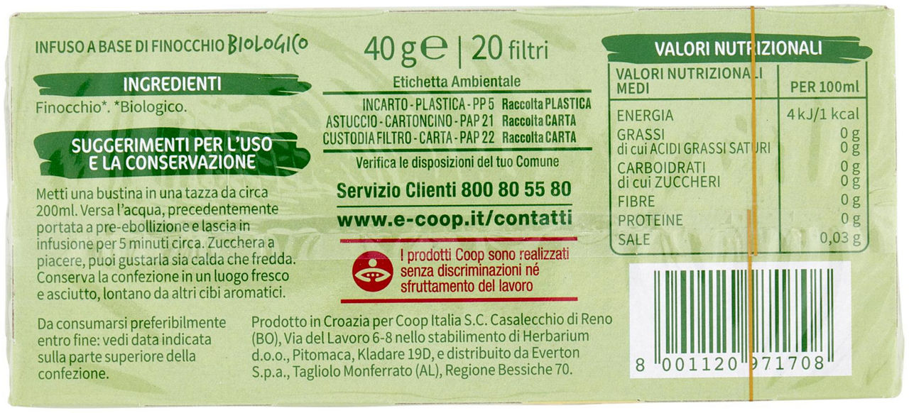 infuso di finocchio Biologico 20 filtri Vivi Verde 40 g - 5