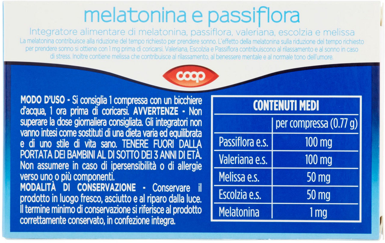 MELATONINA E PASSIFLORA COOP SCATOLA 60 COMPRESSE GR.46,2 - 2