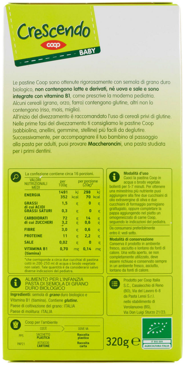 Baby maccheroncini pastina Biologica 320 g - 2
