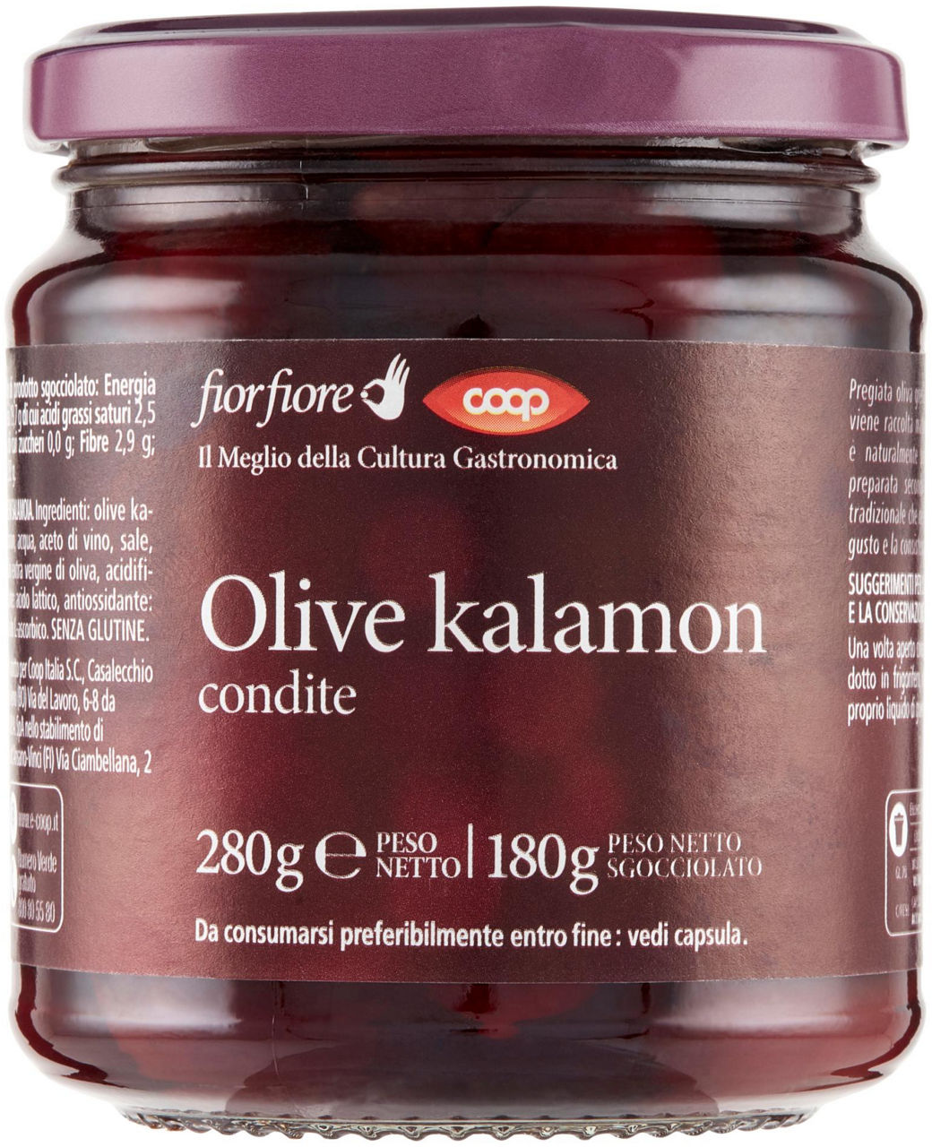 Olive kalamon condite  coop fior fiore in salamoia vaso vetro gr.180