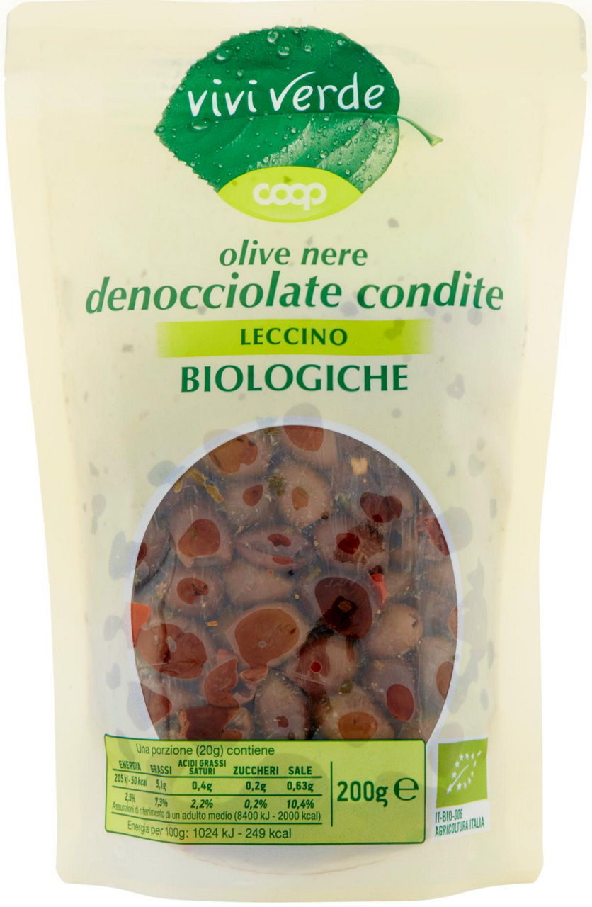 olive nere denocciolate condite Leccino Biologiche Vivi Verde 200 g - 0