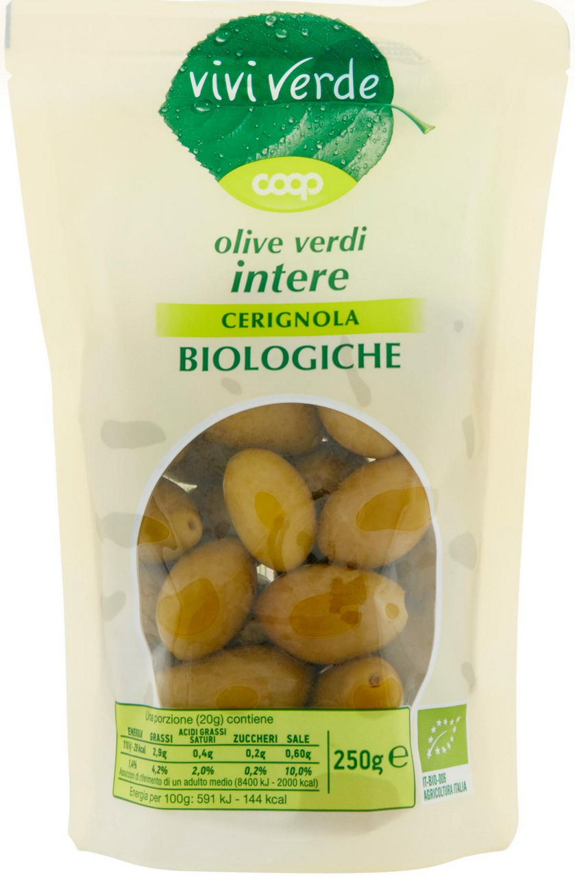 Olive verdi intere cerignola biologiche vivi verde 250 g