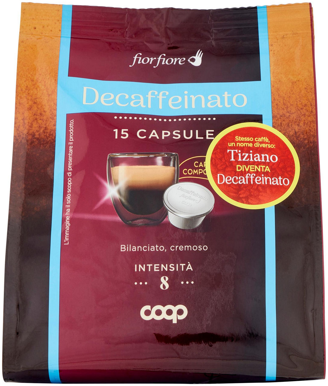 Caffe' decaffeinato in capsule compostabil "tiziano" fior fiore coop pz 15 g 95