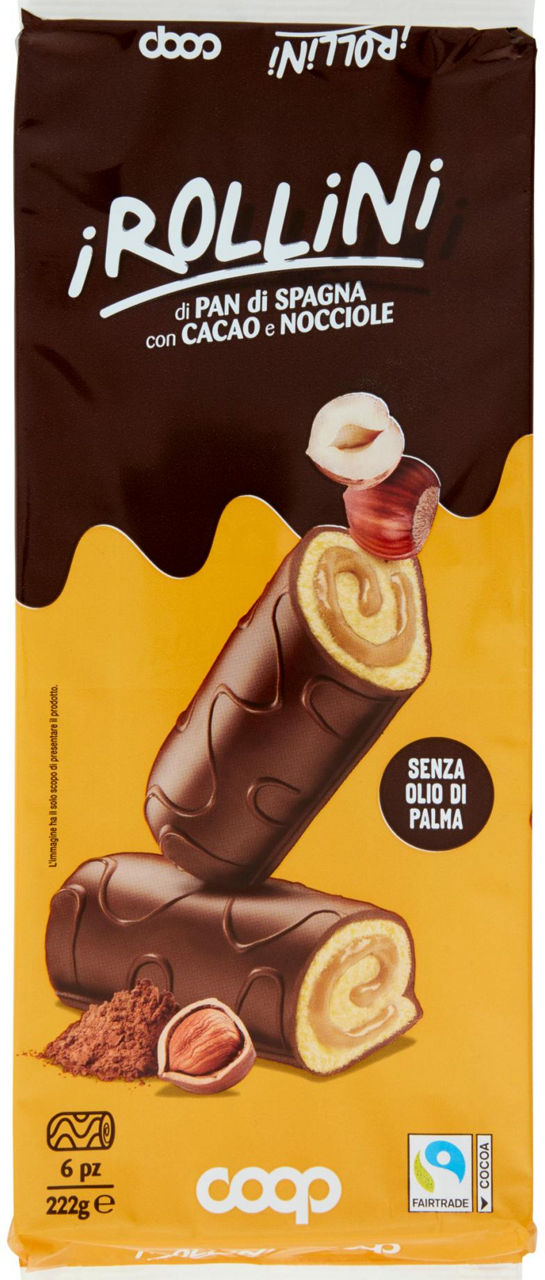 Rollini di pan di spagna farciti alla nocciola ricoperti di cacao 6 pz 222 gr