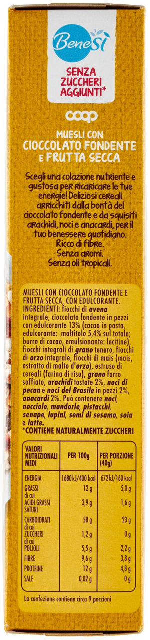 MUESLI S/ZUCCHERI AGG. C/CIOCC.FOND. E FRUTTA SECCA BENE.SI COOP SCATOLA G 375 - Immagine 11