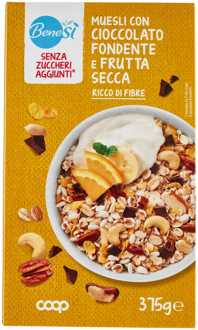 MUESLI S/ZUCCHERI AGG. C/CIOCC.FOND. E FRUTTA SECCA BENE.SI COOP SCATOLA G 375 - Immagine 21