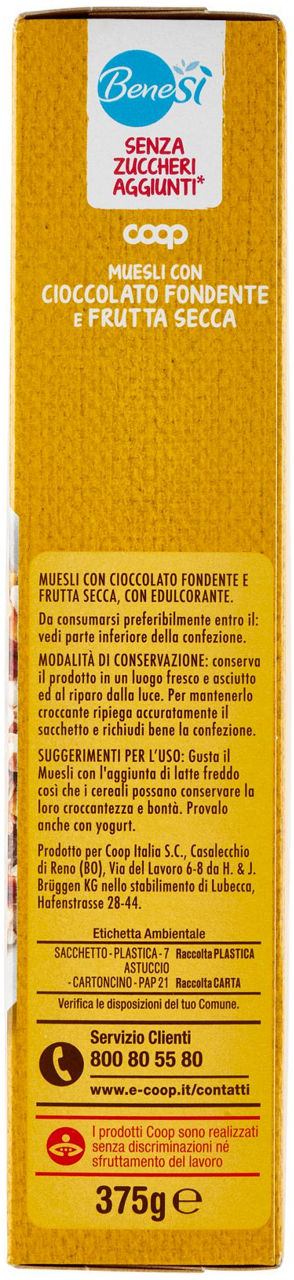 MUESLI S/ZUCCHERI AGG. C/CIOCC.FOND. E FRUTTA SECCA BENE.SI COOP SCATOLA G 375 - Immagine 31