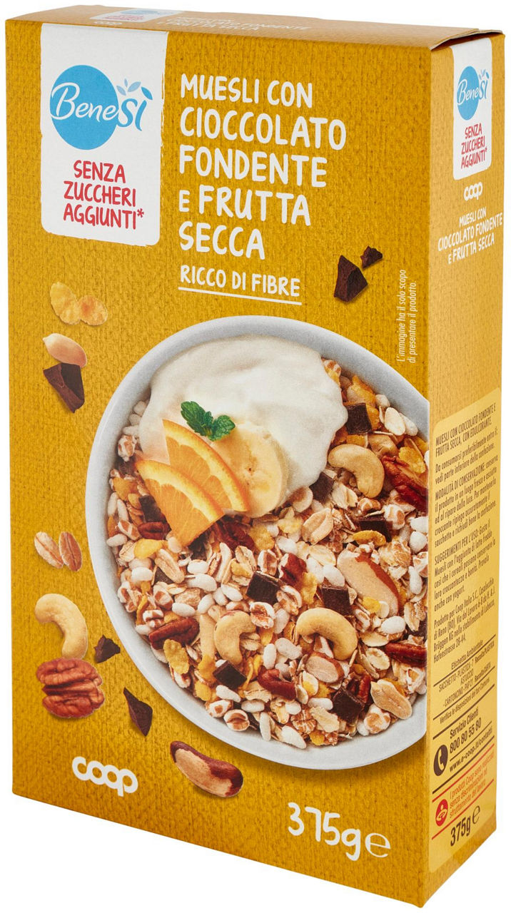 MUESLI S/ZUCCHERI AGG. C/CIOCC.FOND. E FRUTTA SECCA BENE.SI COOP SCATOLA G 375 - Immagine 61