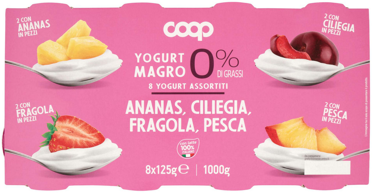 Yogurt magro 0% pesca/ciliegia/fragola/ananas coop g 125 x 8