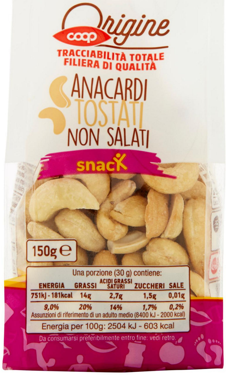 Anacardi tostati non salati origine 150 g