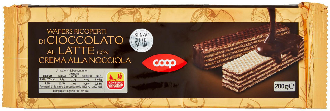 Wafer ricoperti di cioccolato al latte con crema alla nocciola 200 gr