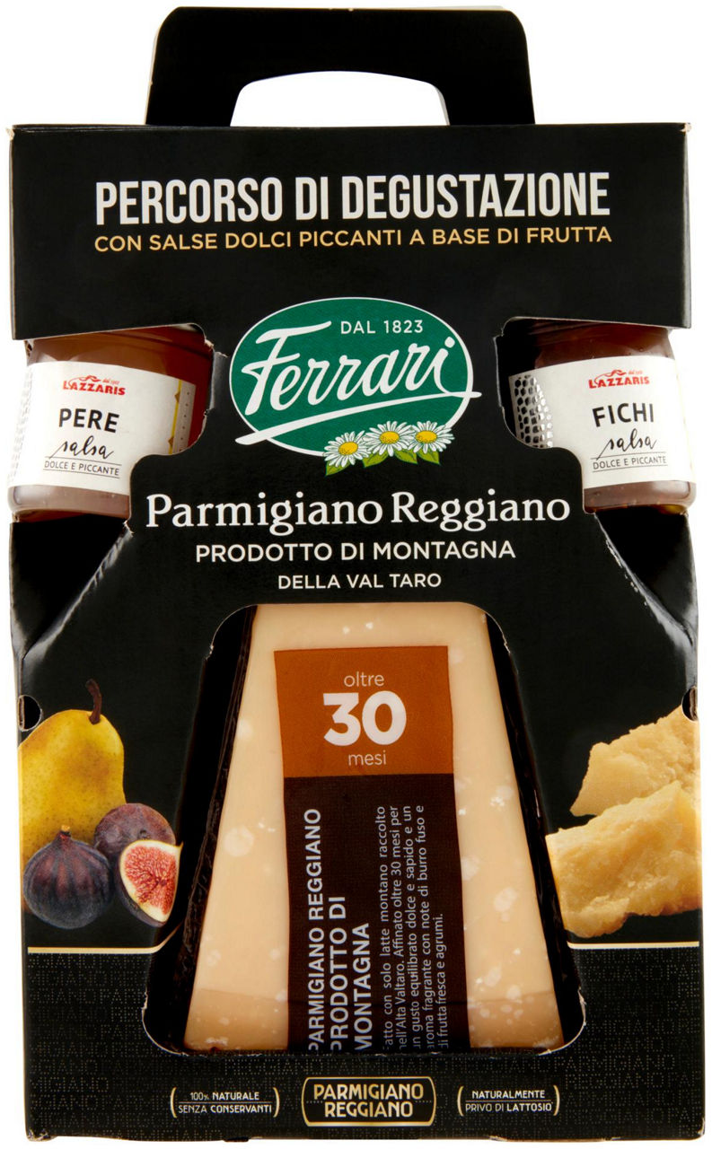 Confezione degustazione con parmigiano reggiano e salse dolci piccanti a base di frutta 250 gr