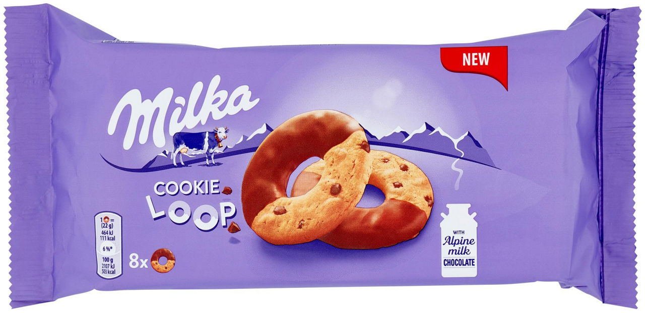 Cookie loop biscotti con gocce di cioccolato al latte milka 100% alpino 176g