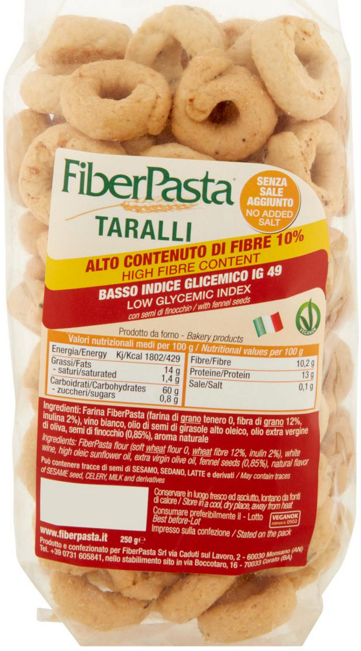 Taralli senza sale 10% fibre fiberpasta g 250