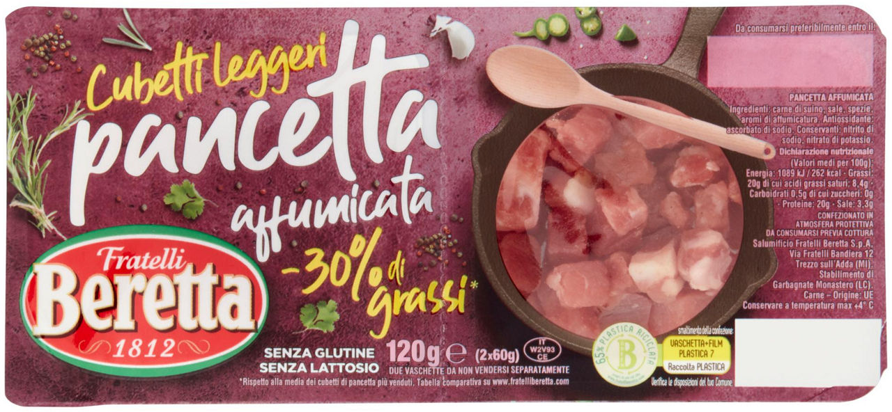 Cubetti pancetta affumicata -30%grassi sempl.piaceri beretta 2pz vasch g120