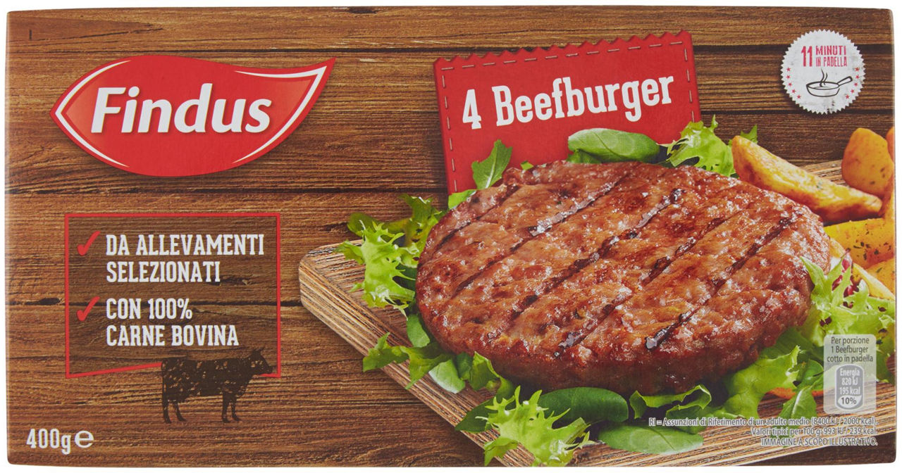 Beefburger findus surgelato scatola 4pz 400g