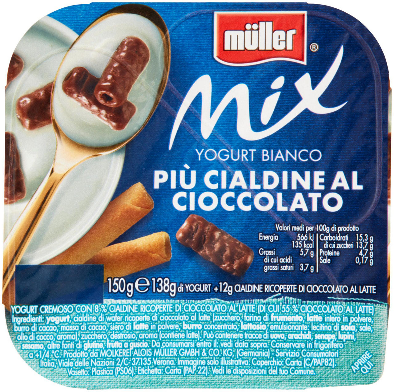 Yogurt mix bianco più cialdine al cioccolato muller g 150