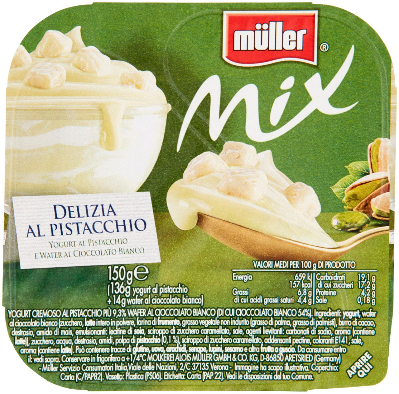 Yogurt mix pistacchio più wafer al cioccolato bianco g 150