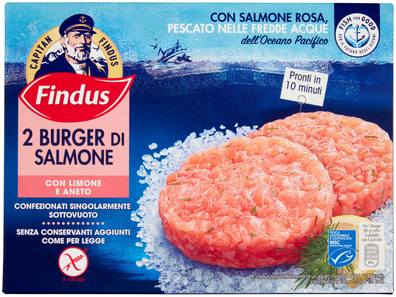 Burger di salmone con limone e aneto msc capitan findus scatola x2 g 170