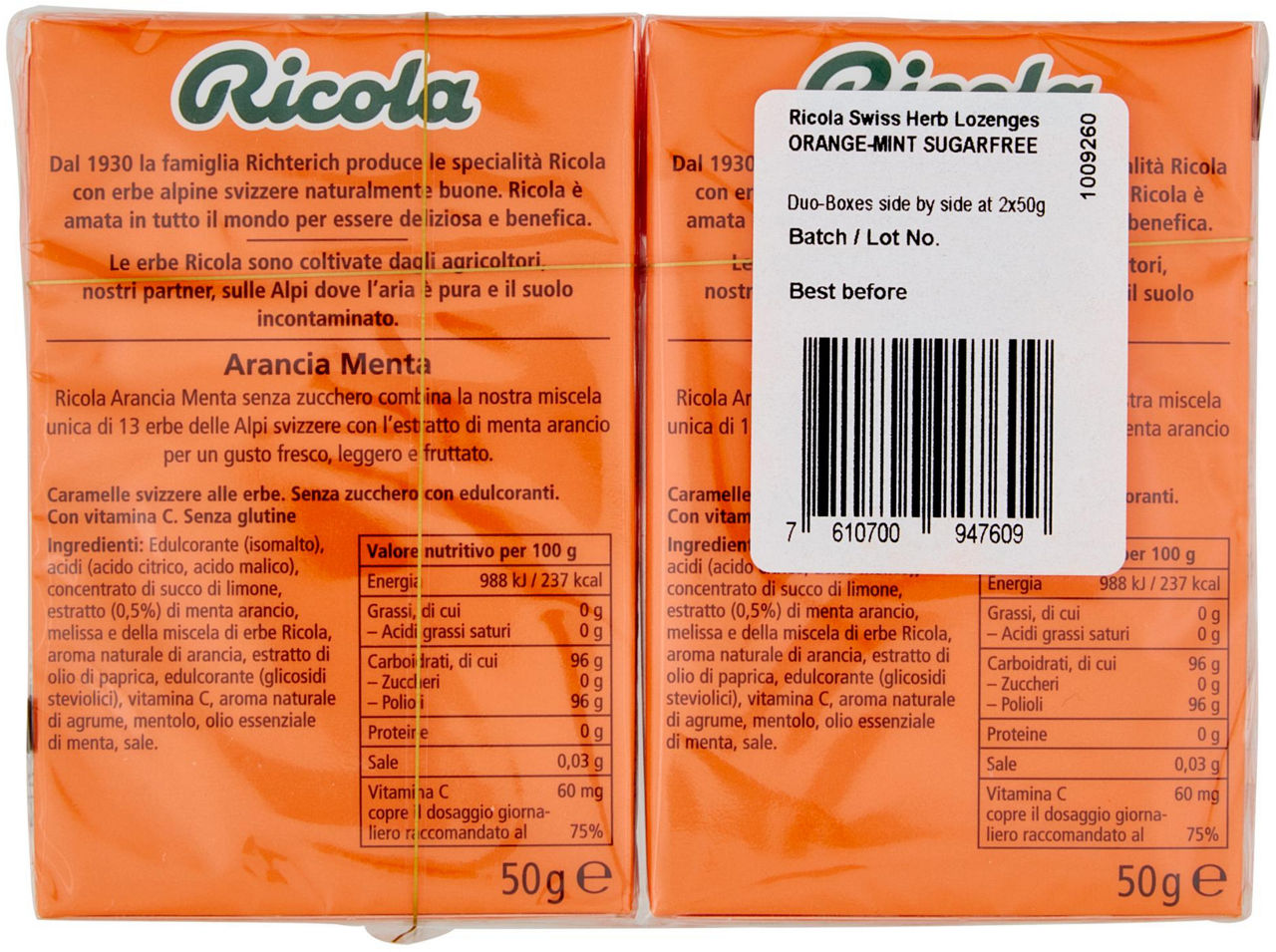 CARAMELLE SENZA ZUCCHERO ARANCIA MENTA RICOLA MULTIPACK PZ.2XGR.50 - Immagine 21