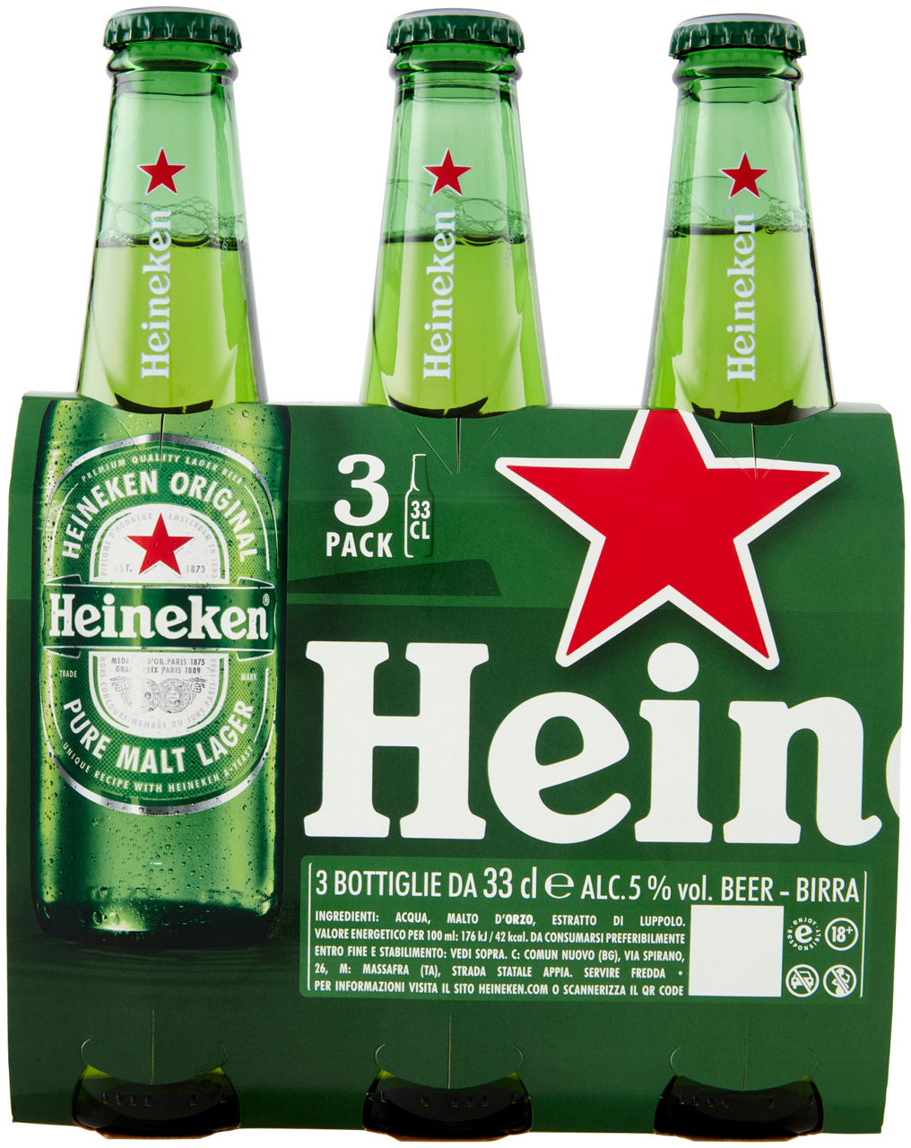 Birra heineken 5 gradi bottiglia cluster ml 330 x 3