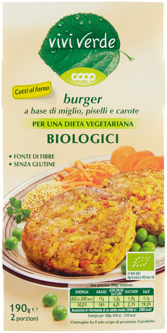 Burger a base di miglio, piselli e carote biologici vivi verde 2 x 95 g