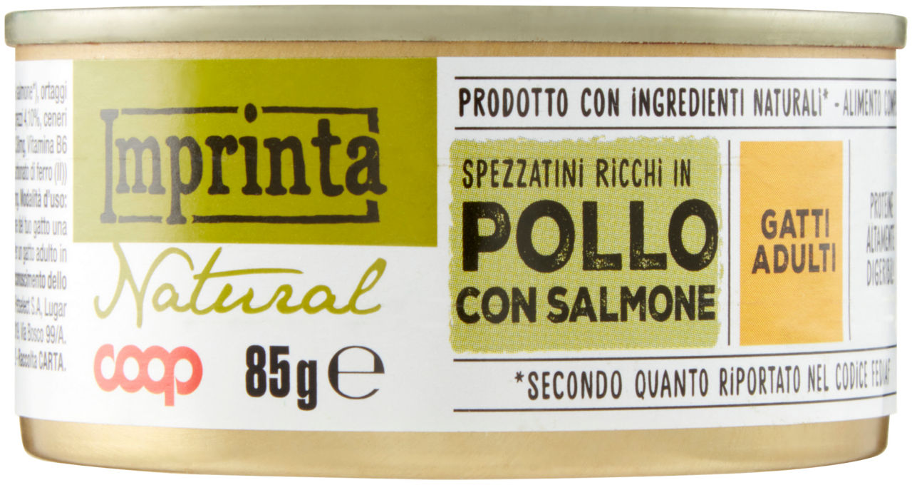 Umido gatto spezzatini per gatto pollo e salmone coop imprinta g85