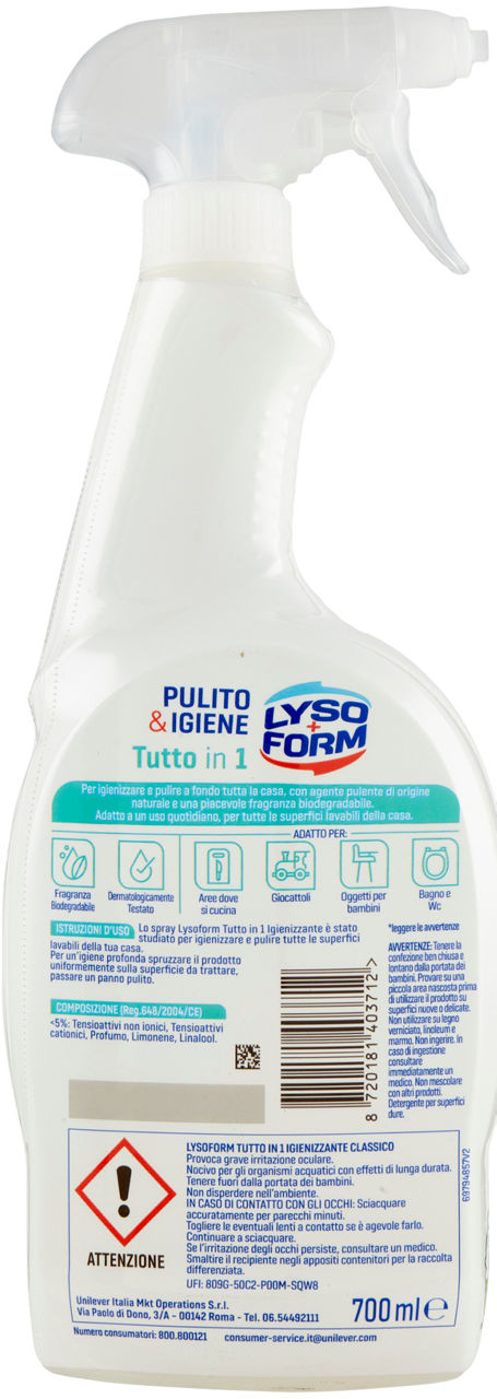 DETERGENTE SUPERFICI LYSOFORM SPRAY TUTTO IN 1 CLASSICO ML 700 - Immagine 21