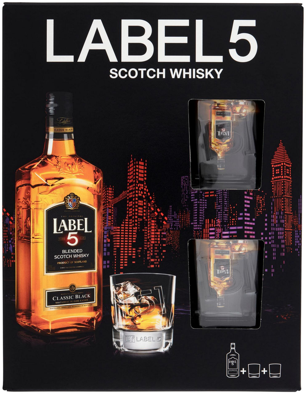 Scotch whisky label5 40 gradi scatola ml 700 + 2 bicchieri