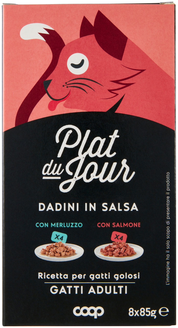 Umido gatto multipack dadini in salsa -4 merl/4 salm-plat du jour coop g85x8