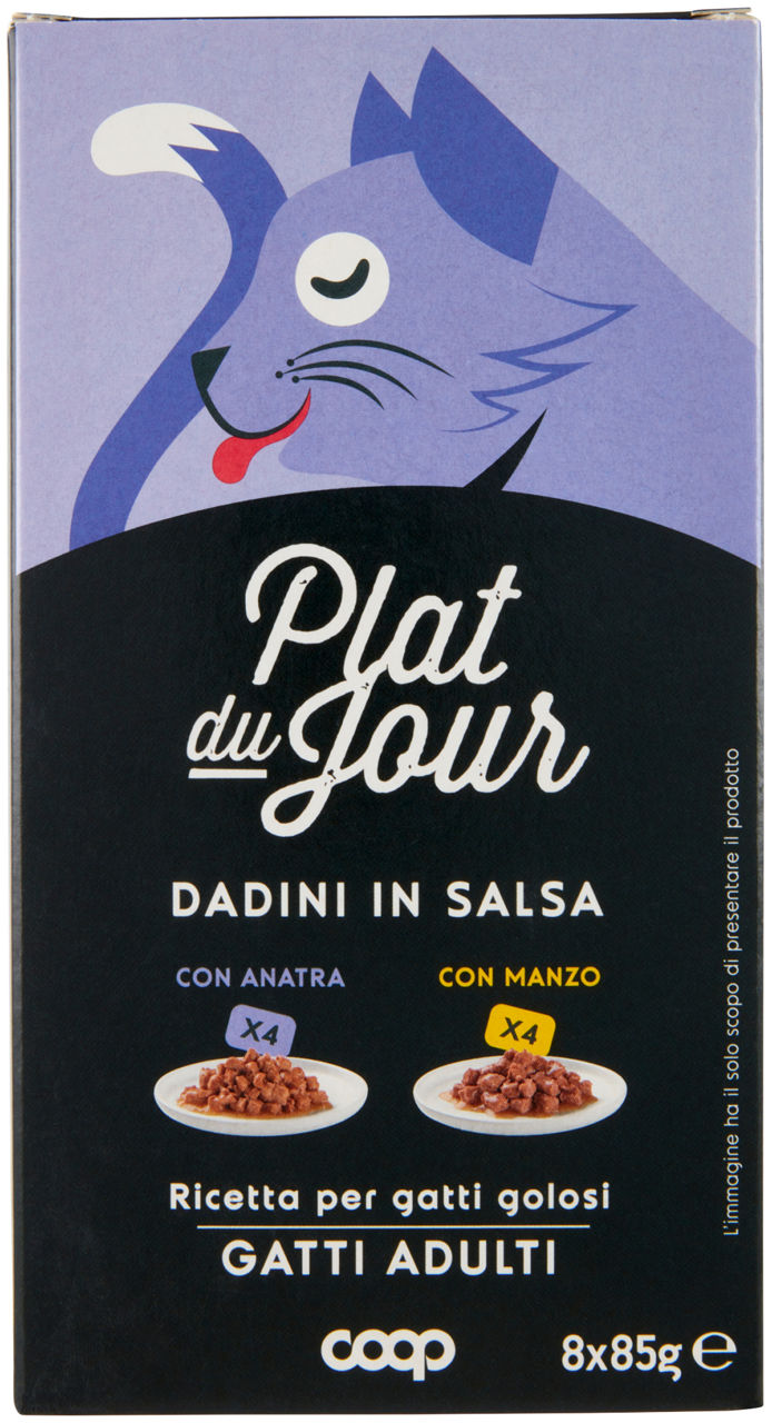 Umido gatto multipack dadini in salsa-4 anat./4 manzo-plat du jour coop g85x8