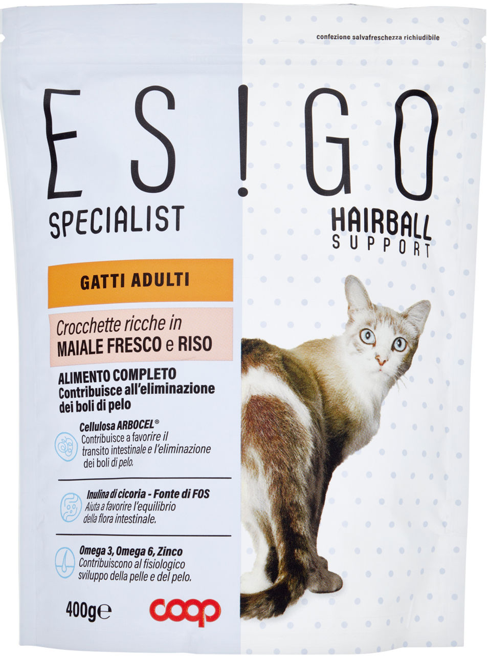 Crocchette per gatti adulti hairball support maiale fresco e riso 400 gr