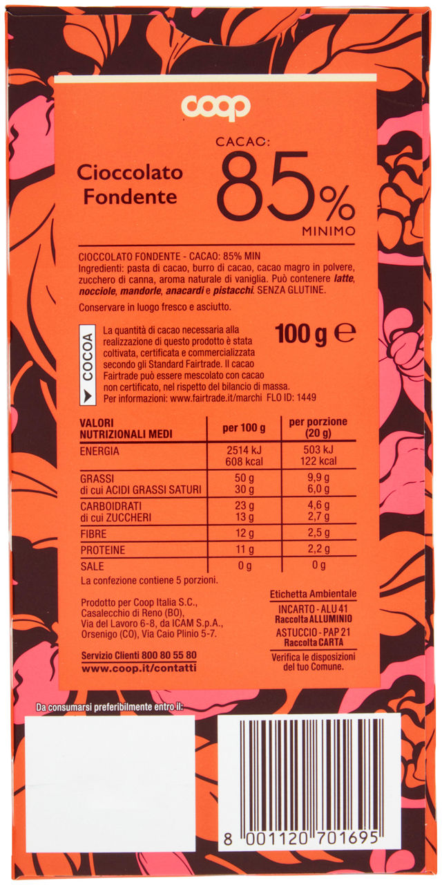 TAVOLETTA DI CIOCCOLATO FONDENTE 85% COOP G 100 - Immagine 21