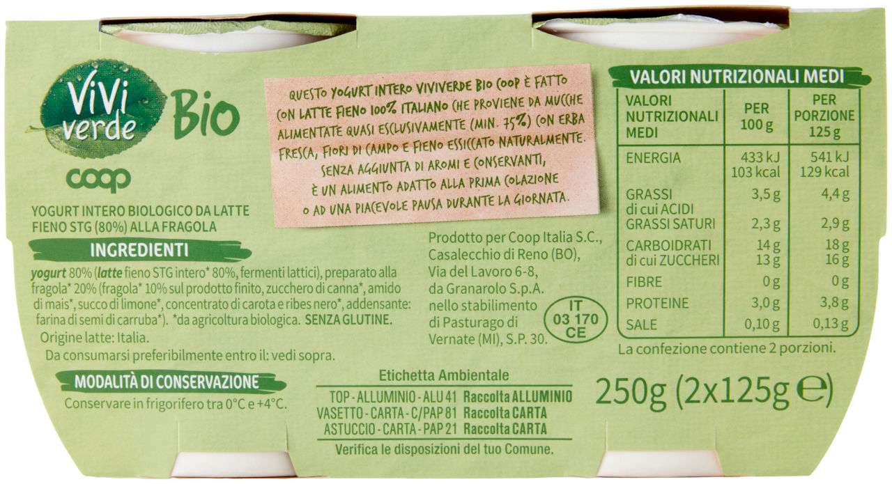 YOGURT INTERO BIO VIVI VERDE COOP FRAGOLA 2X125G - 2