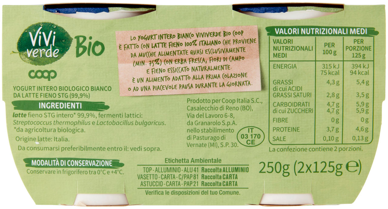 YOGURT INTERO BIO VIVI VERDE COOP BIANCO 2X125G - Immagine 21