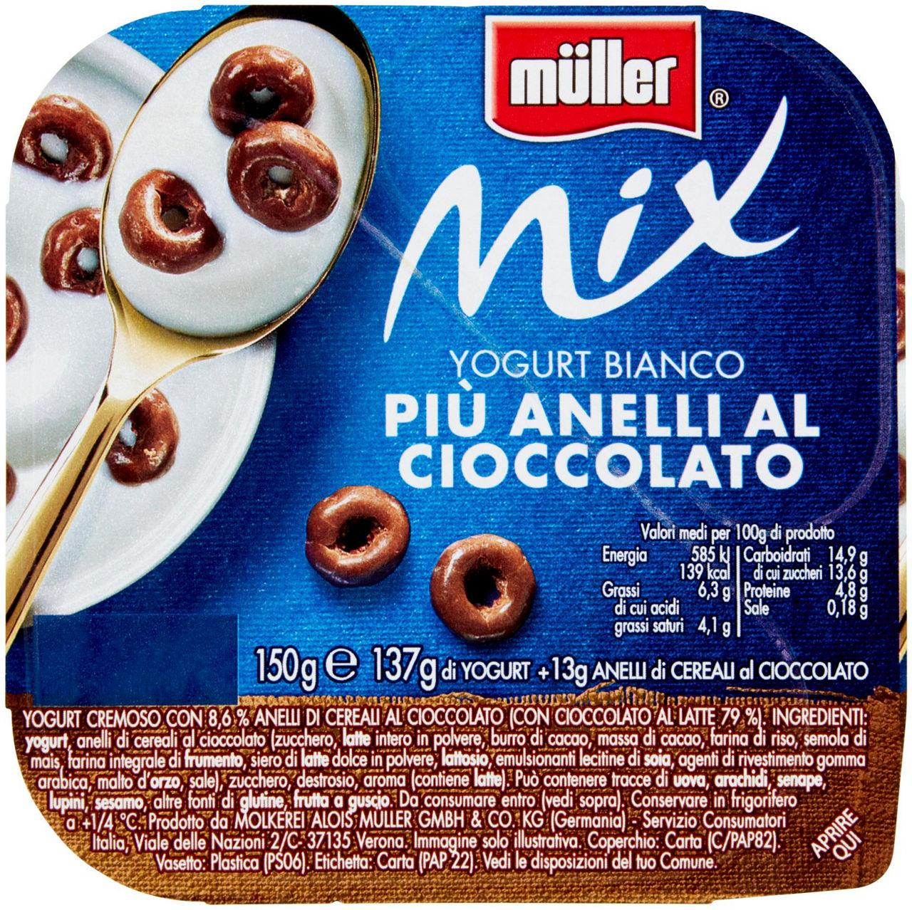 Crema di yogurt mix muller bianco+anelli cioccolato 150 g