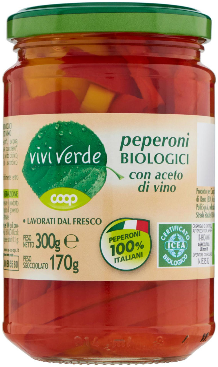 Peperoni biologici con aceto di vino vivi verde 300 g